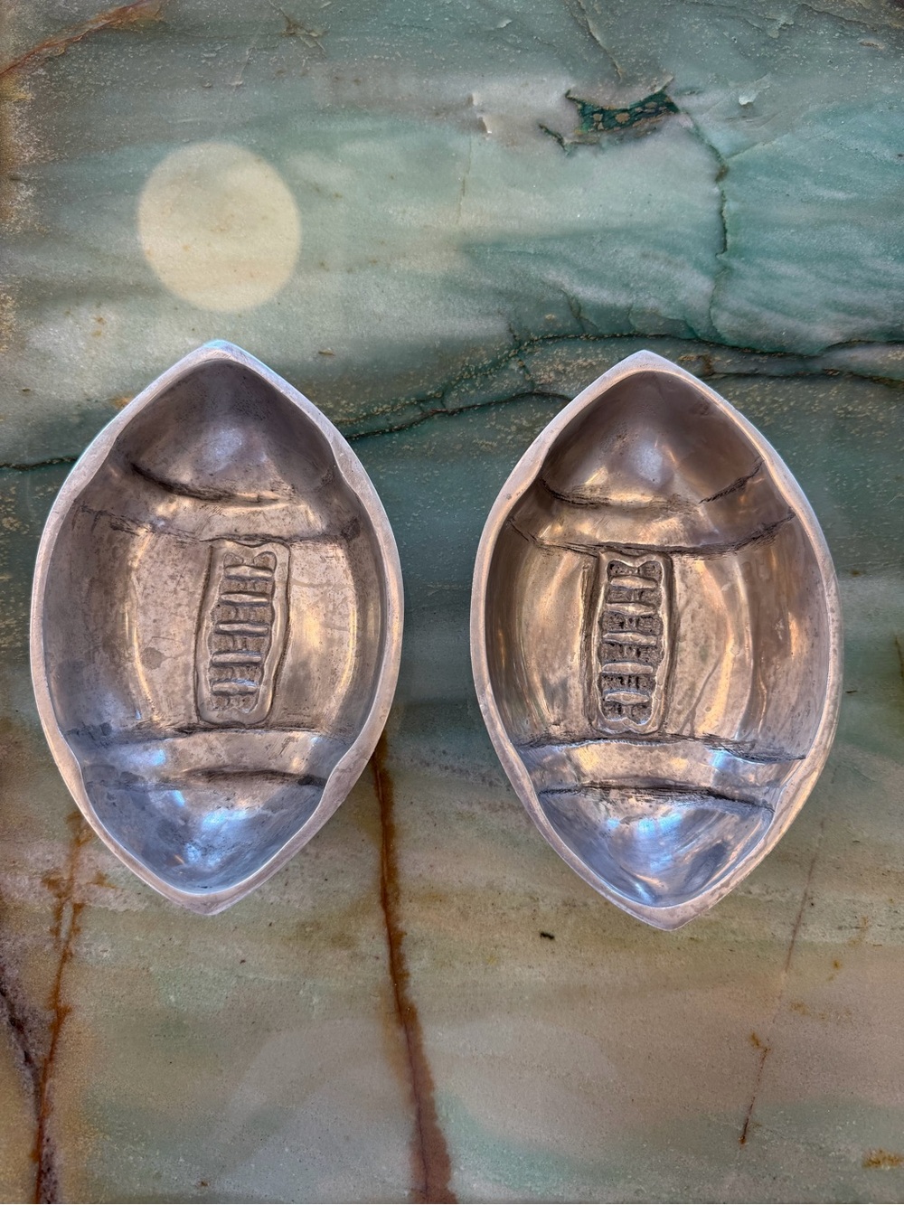 2 Vintage Pewter Football Shape Bowl Set, Sports Theme, 7in x 4in